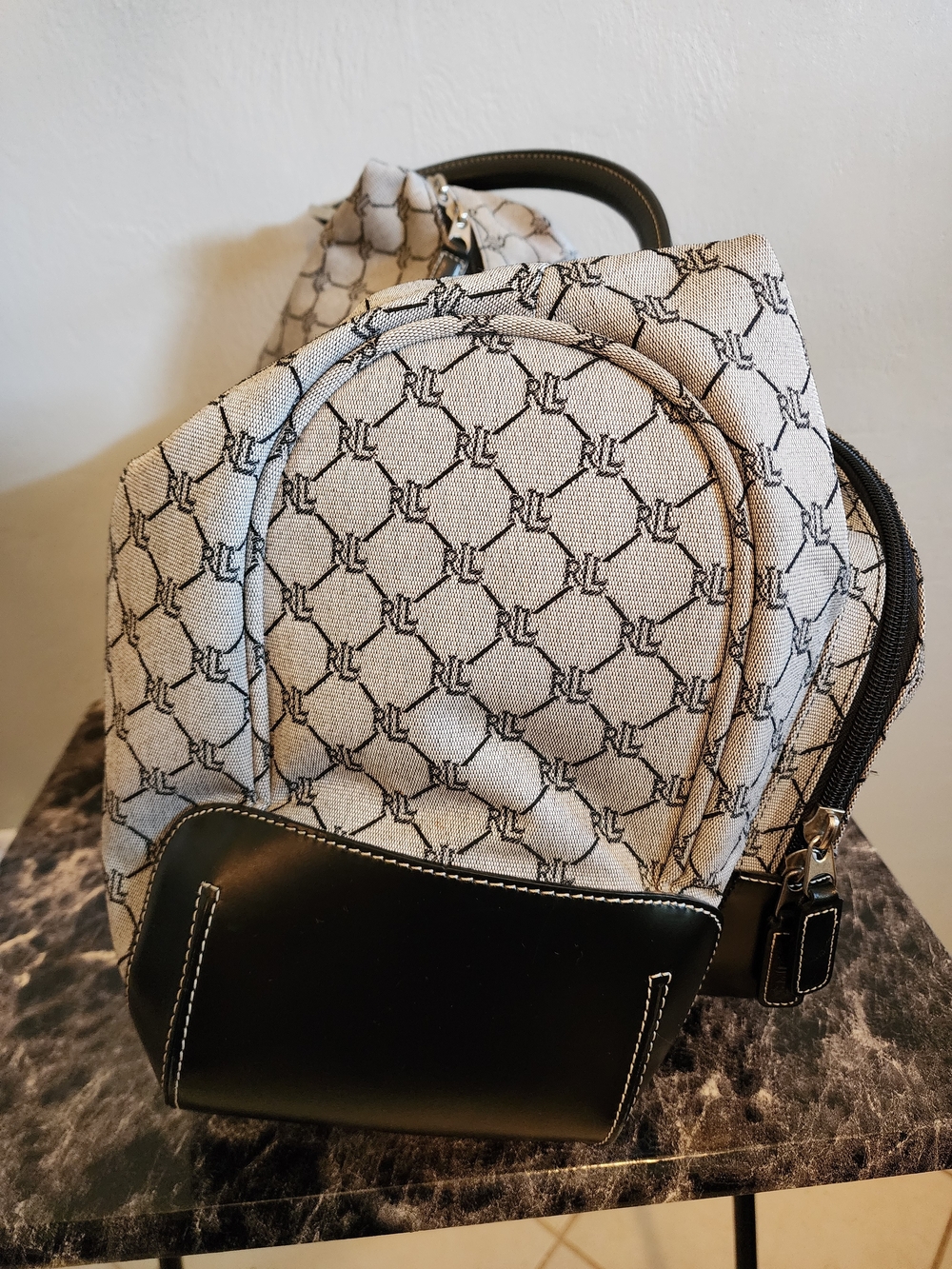 Vintage Ralph Lauren Beige Monogram Canvas Travel Tote with Navy Trim - Picture 2 of 11